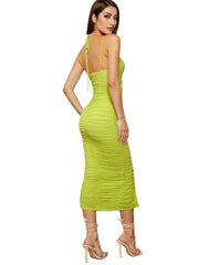 Green Plunged Neck Ruched Midi Bodycon Dress