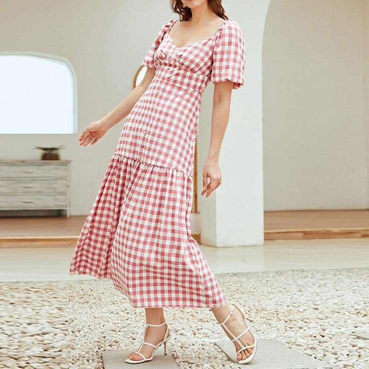 Gingham Puff Sleeve Midi Dress - Vintage & Chic