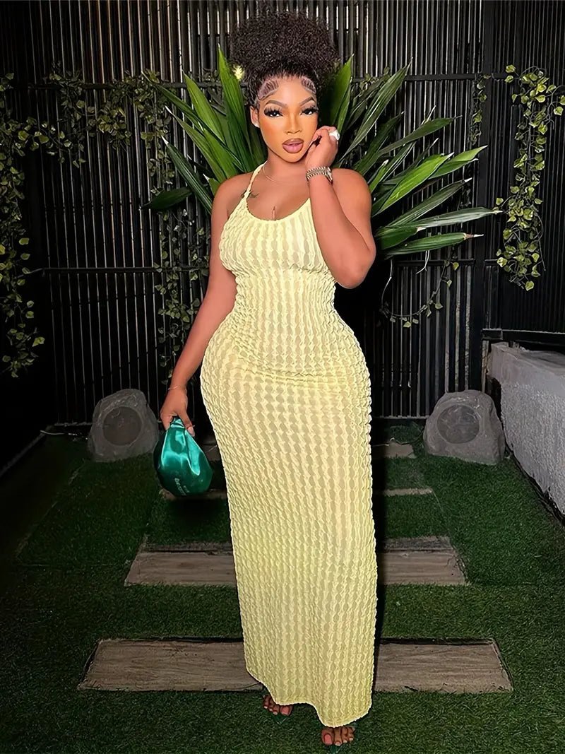 Ruffle Texture Halter Backless Maxi Dress