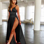 12pcs Black Double Slit Plunging Neck Maxi Dress