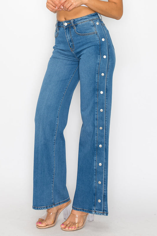 Stylish Blue High-Sraight Flare Jeans with Side Button Detail S619