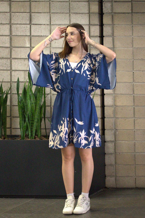 Mini Floral Print Batwing Sleeve Kimono Dress