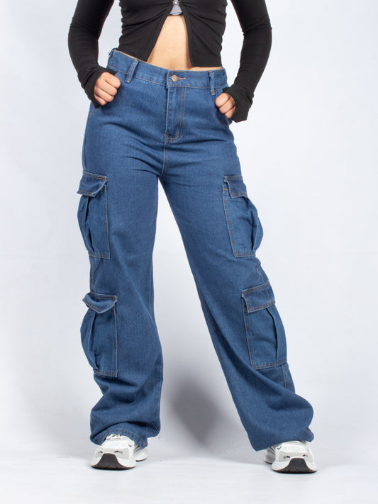Trendy Blue Wide-Leg Cargo Denim Jeans with Utility Pockets - S500