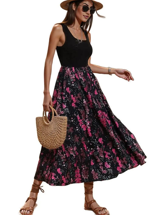 Elegant Two-Tone Maxi Dress – Chic Black Bodice & Flowing Floral Skirt for Effortless Glamour