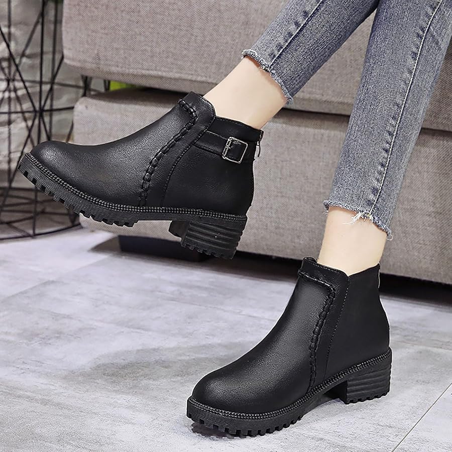 Women’s Buckle Ankle Boots – Chunky Heel Winter Fashion Boots