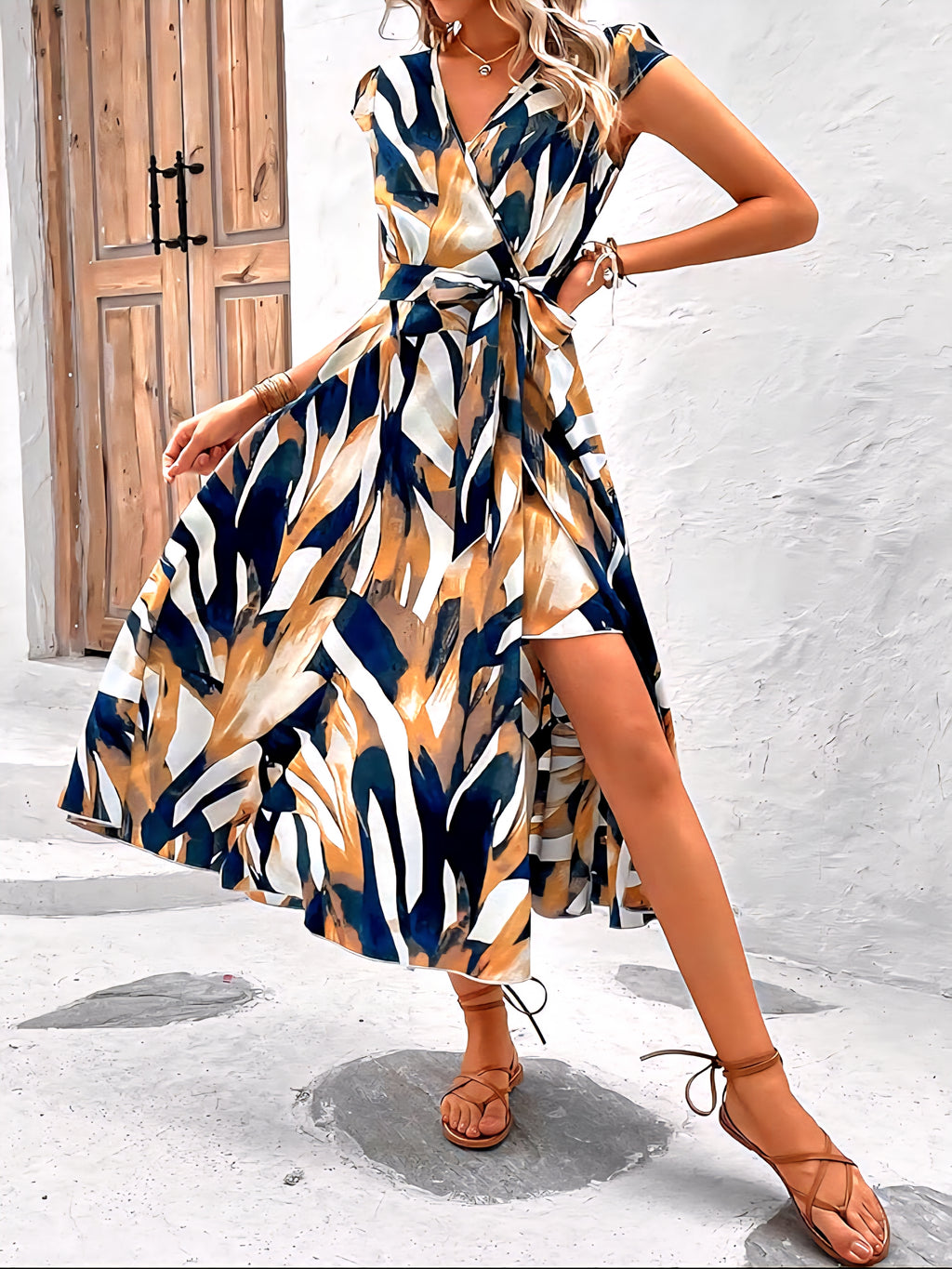 Printed Wrap Midi Dress – Tropical Chic