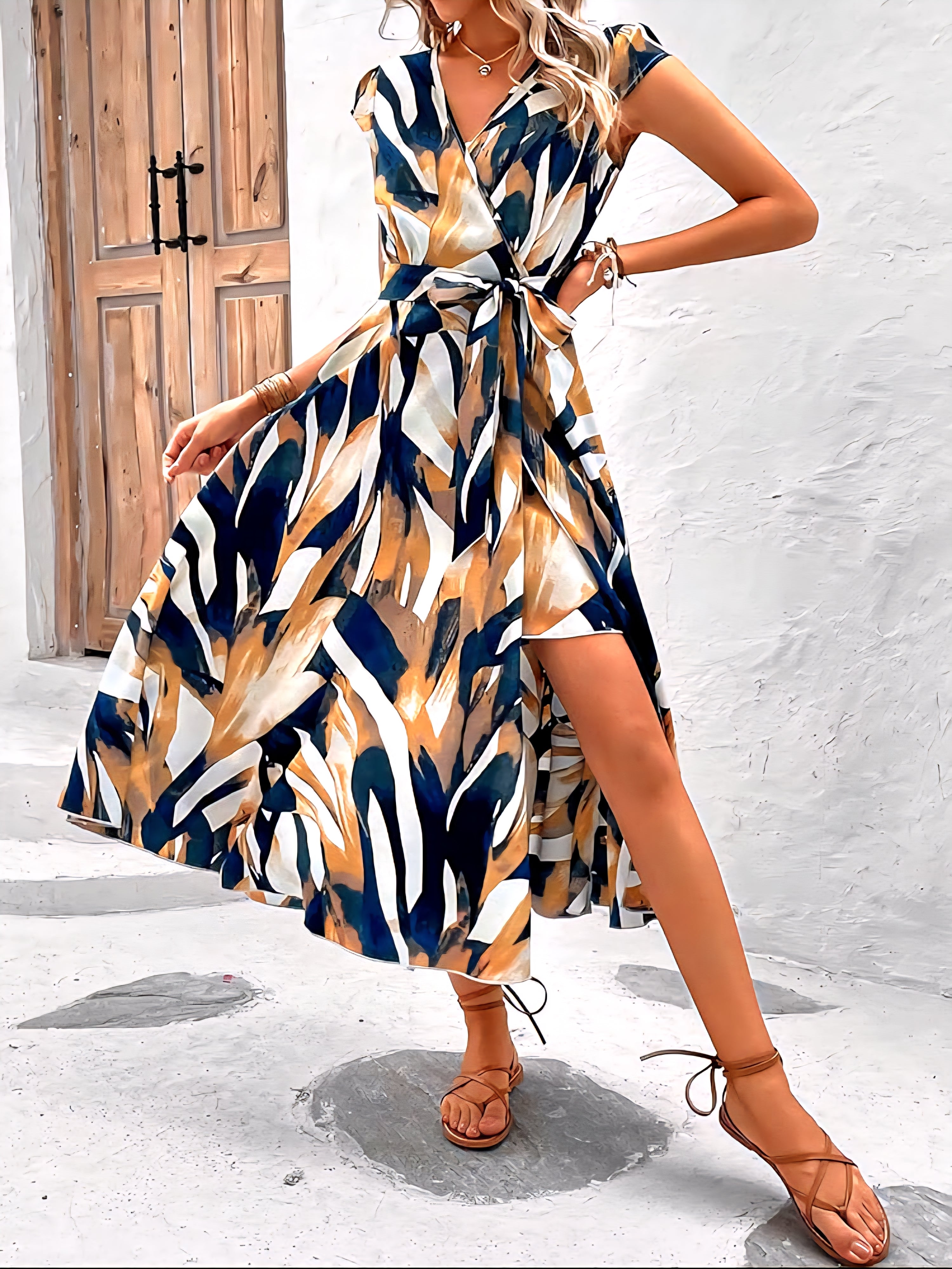Printed Wrap Midi Dress – Tropical Chic