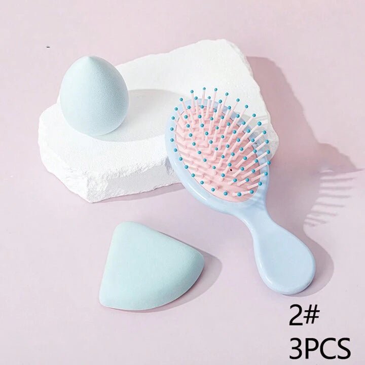 Sweet Beauty 3pc Set – Hairbrush, Makeup Sponge & Powder Puff Random Shape And Colour