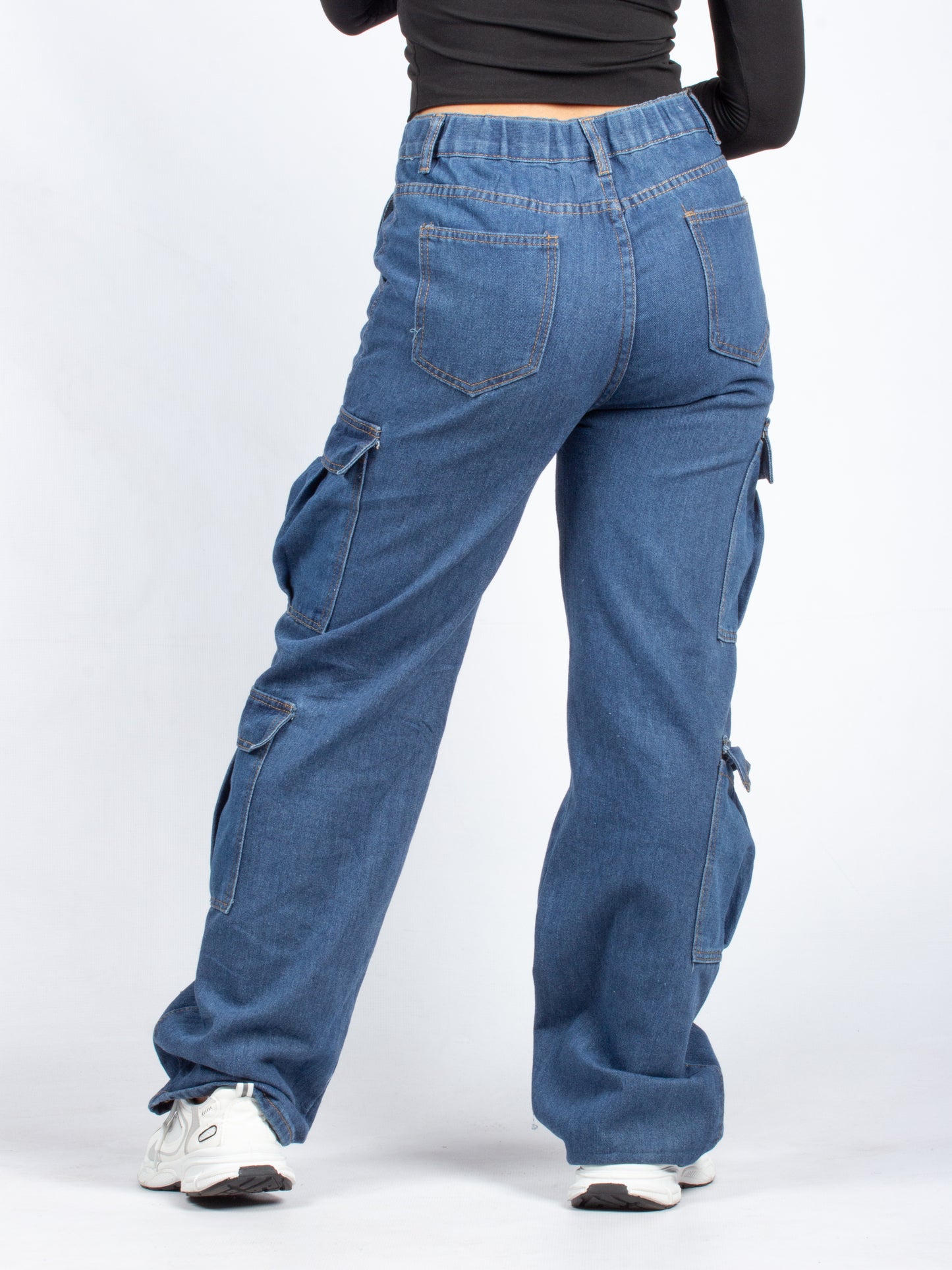 Trendy Blue Wide-Leg Cargo Denim Jeans with Utility Pockets - S500