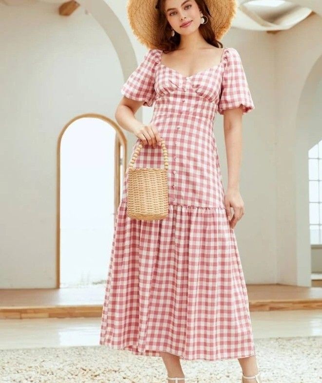 Gingham Puff Sleeve Midi Dress - Vintage & Chic