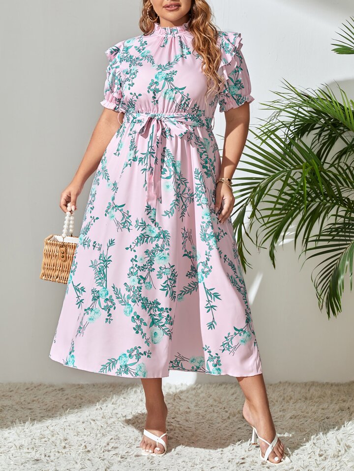 Floral Print Puff Frill Sleeve Midi Dress with Belt