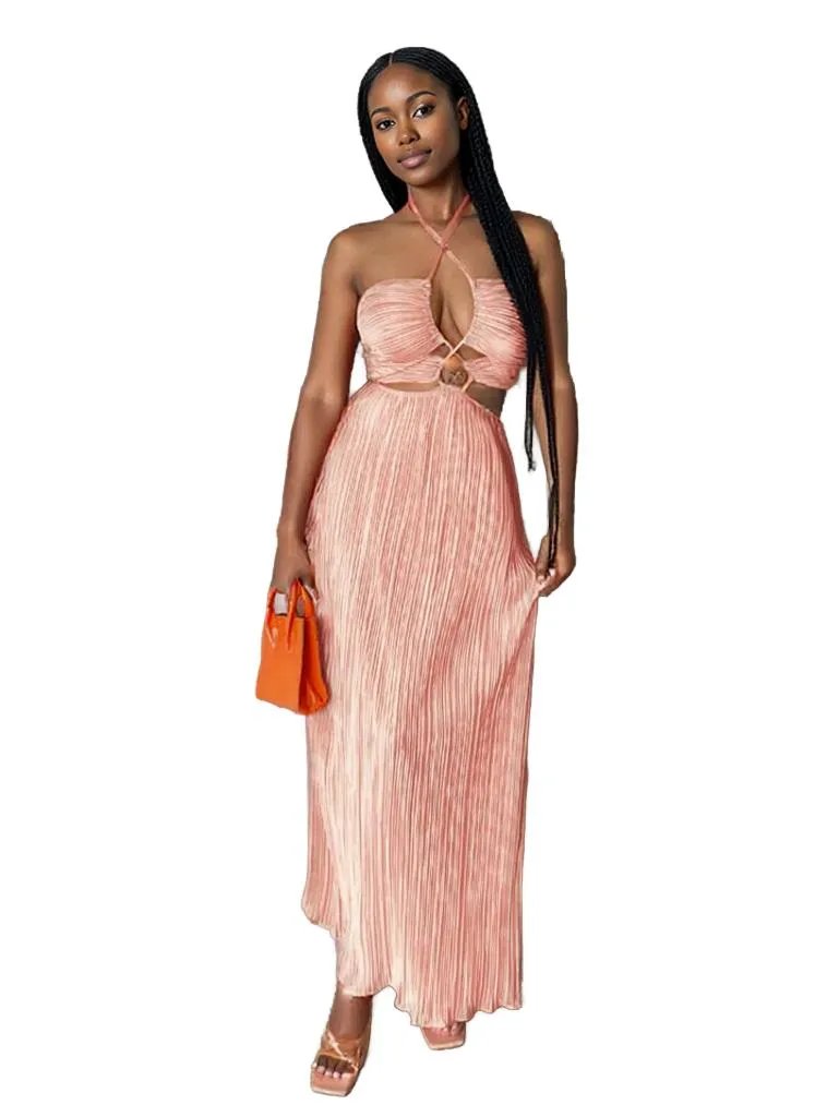 Halter Cutout Pleated Maxi Dress -  Bold & Stylish