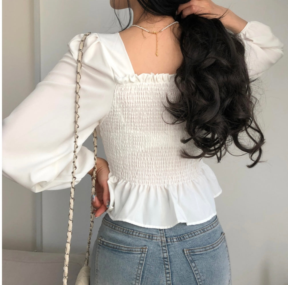 Square neck drill puff sleeve blouse