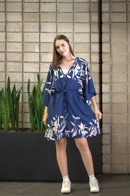 Mini Floral Print Batwing Sleeve Kimono Dress