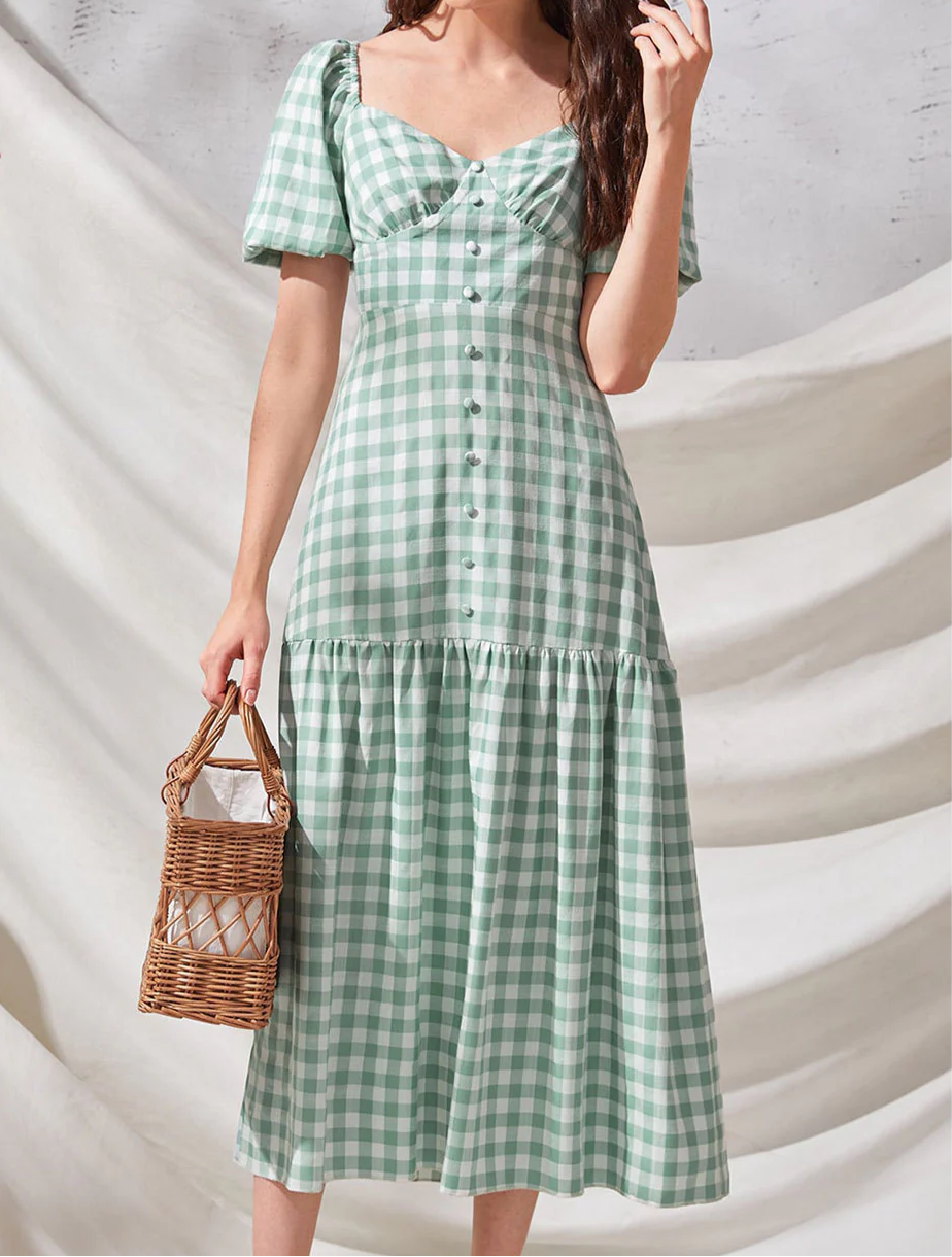 Gingham Puff Sleeve Midi Dress - Vintage & Chic