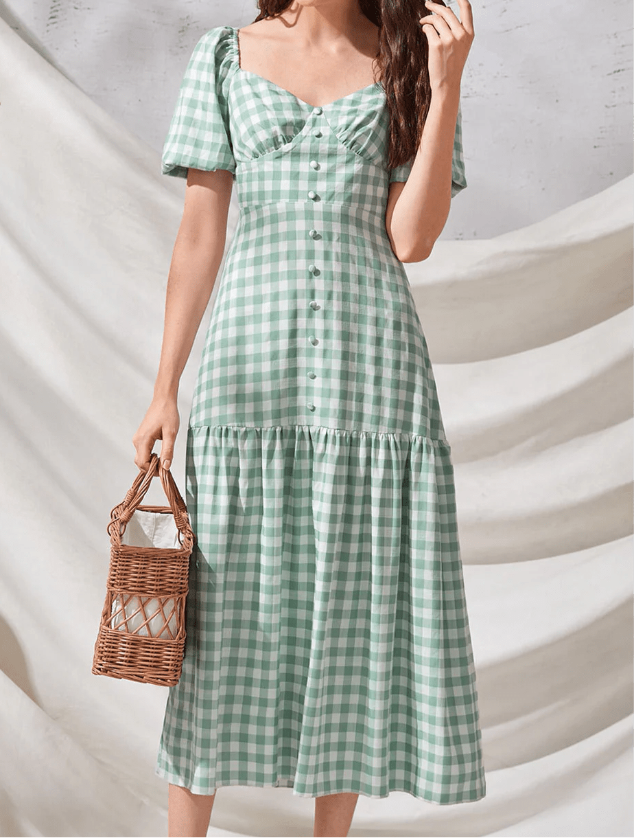 Gingham Puff Sleeve Midi Dress - Vintage & Chic
