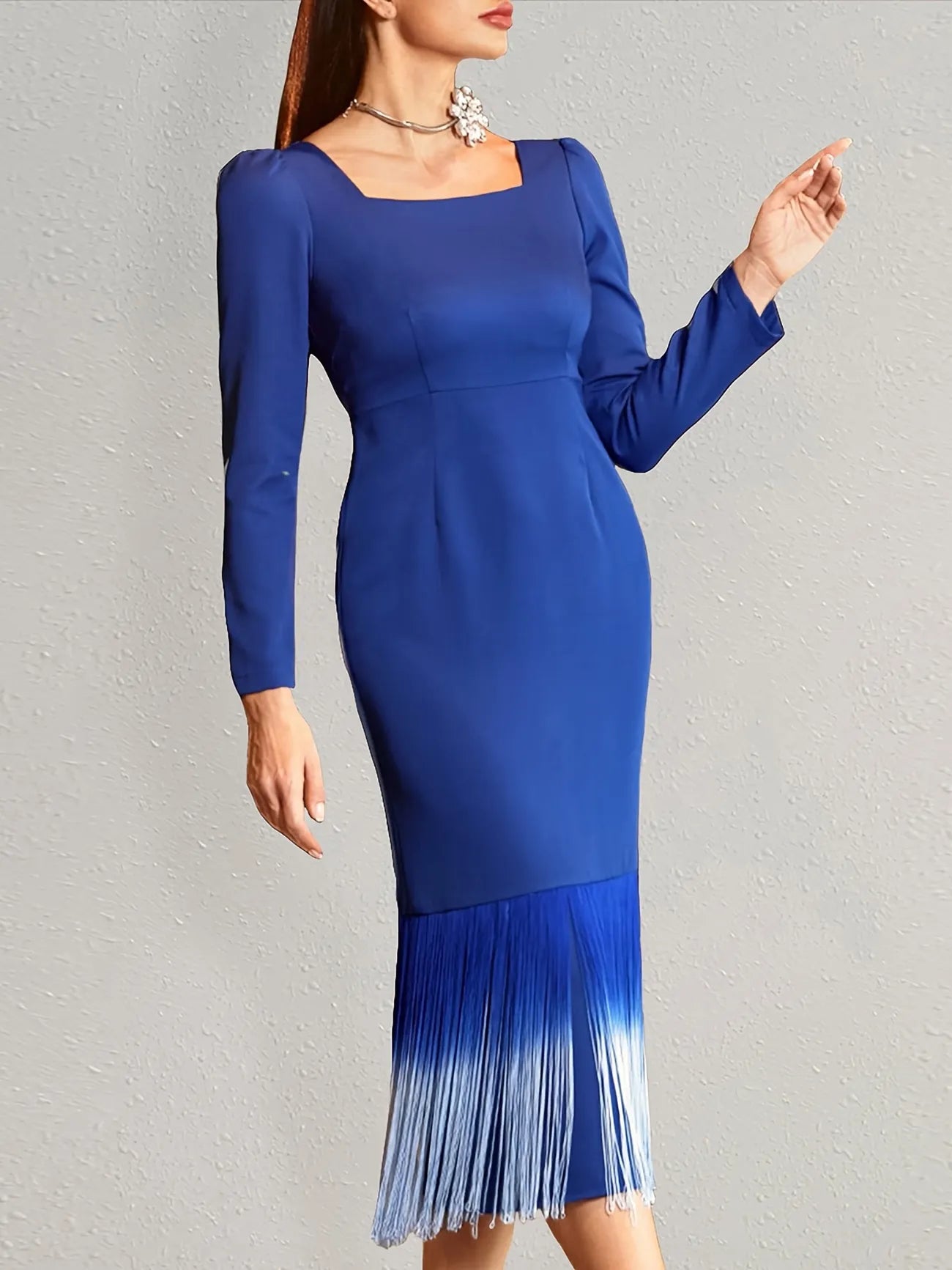 Blue Ombre Fringe Midi Dress - Elegant & Stylish