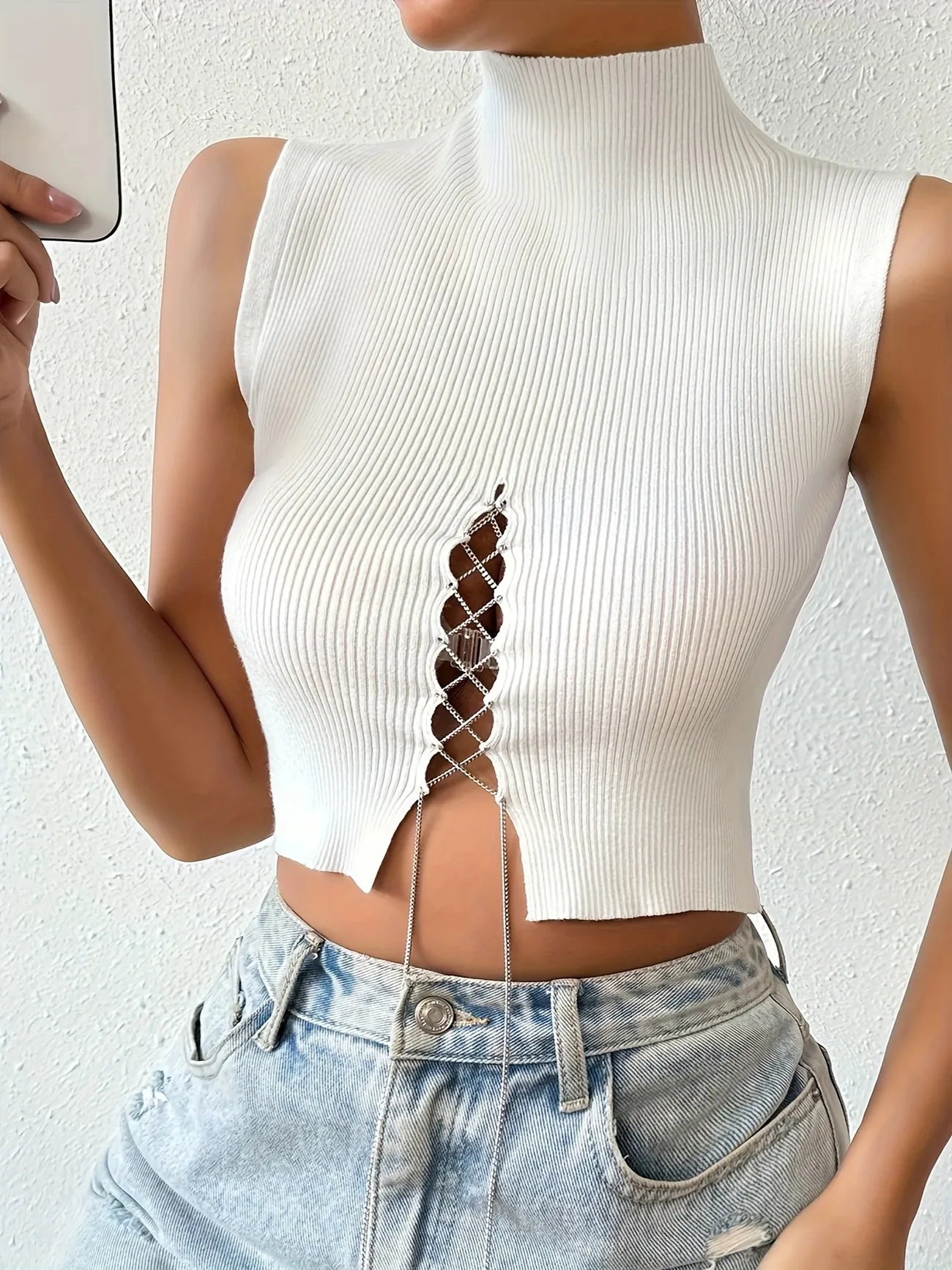 Chain Lace Up Front Cropped Top