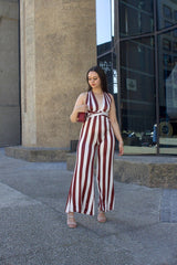 Striped Low V Neck Wrap Straps Jumpsuit | Stylish & Comfortable