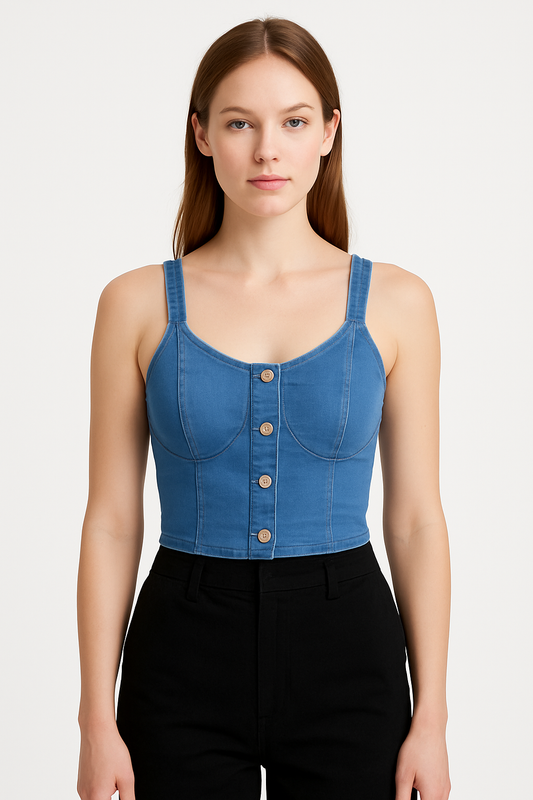 Button-Up Denim Crop Top –  Blue | Trendy Sleeveless Bustier
