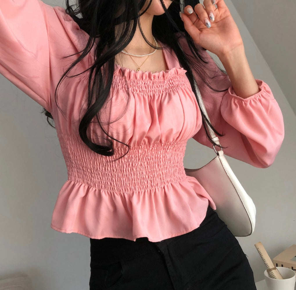 Square neck drill puff sleeve blouse
