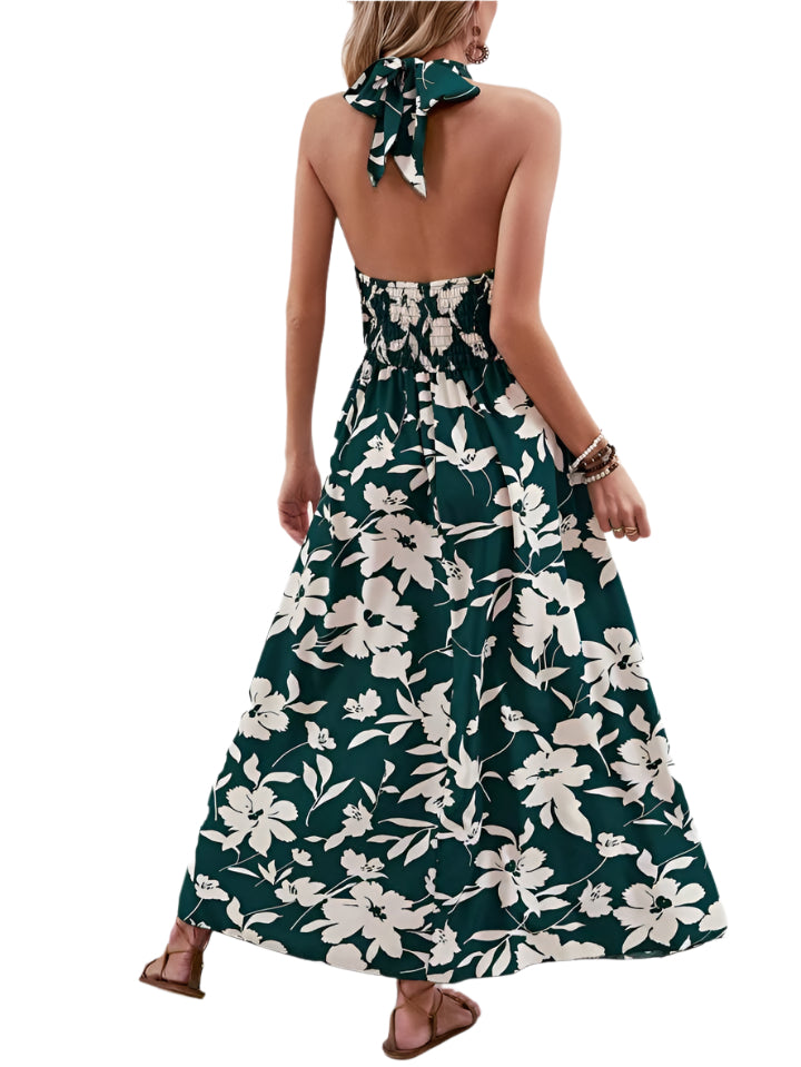 Green Floral Neck Wrap Maxi Dress