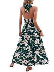 Green Floral Neck Wrap Maxi Dress