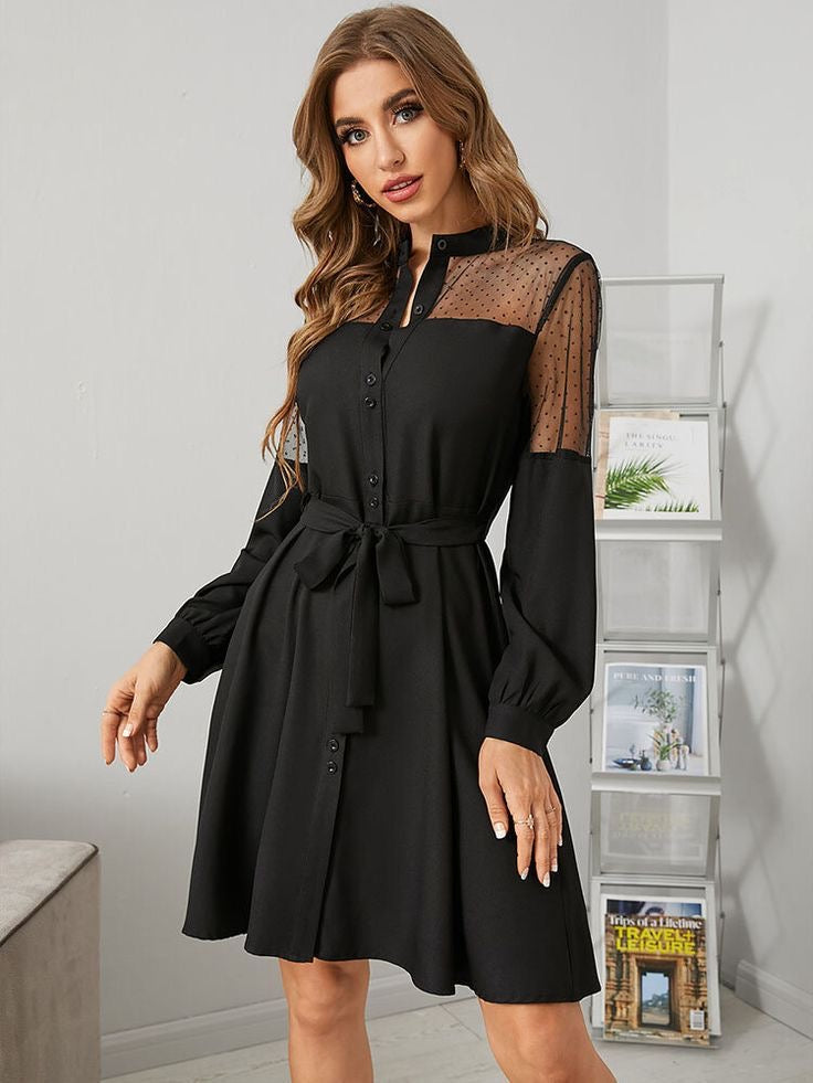 Lace Stitching Lantern Sleeve Dress with Belt – XD21