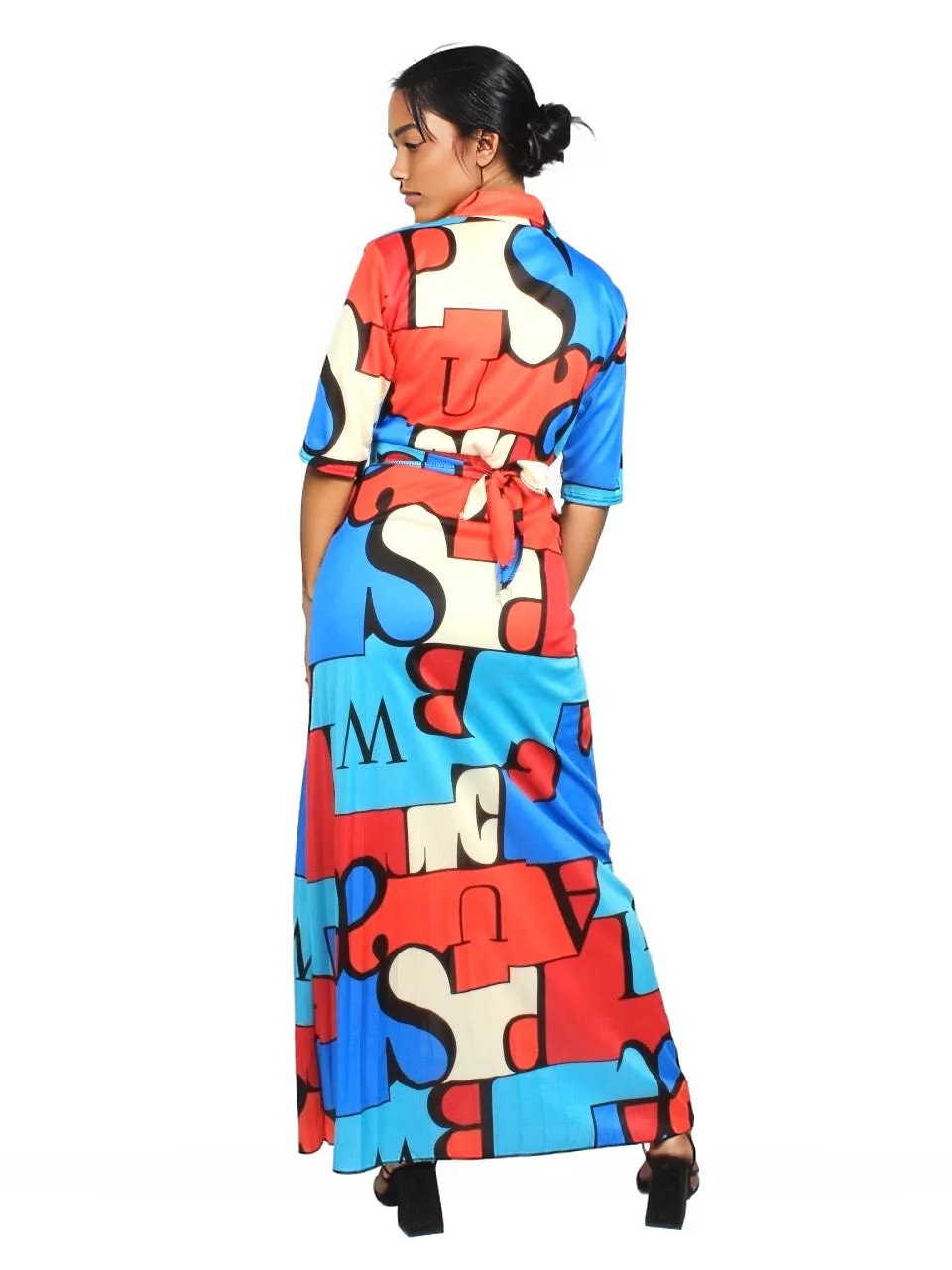Geometric Pleated Button Maxi Dress