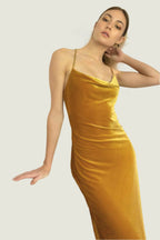 Cowl neck velvet spaghetti strap midi dress