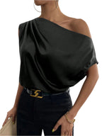 Satin Off-Shoulder Asymmetrical Blouse – Elegant & Stylish