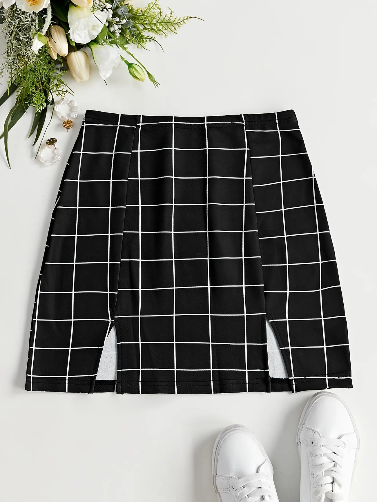 Double Slit Plaid Mini Skirt