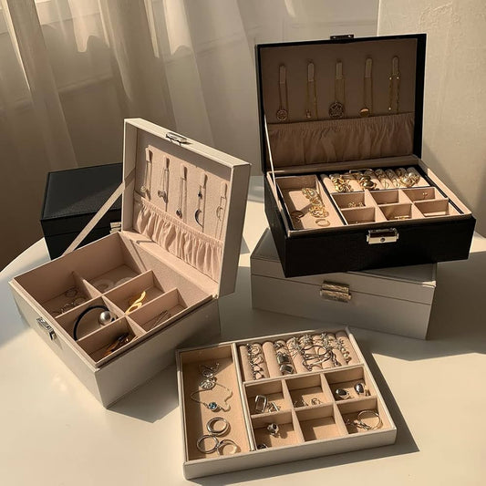 Portable Leather Jewelry Storage Box - Double Layer – Stylish & Functional