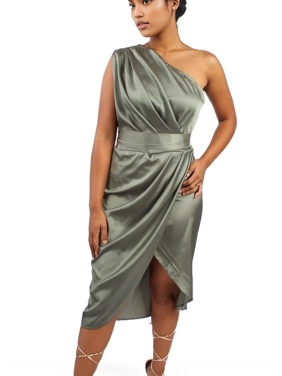 One Shoulder Ruched Satin Pleated Dress