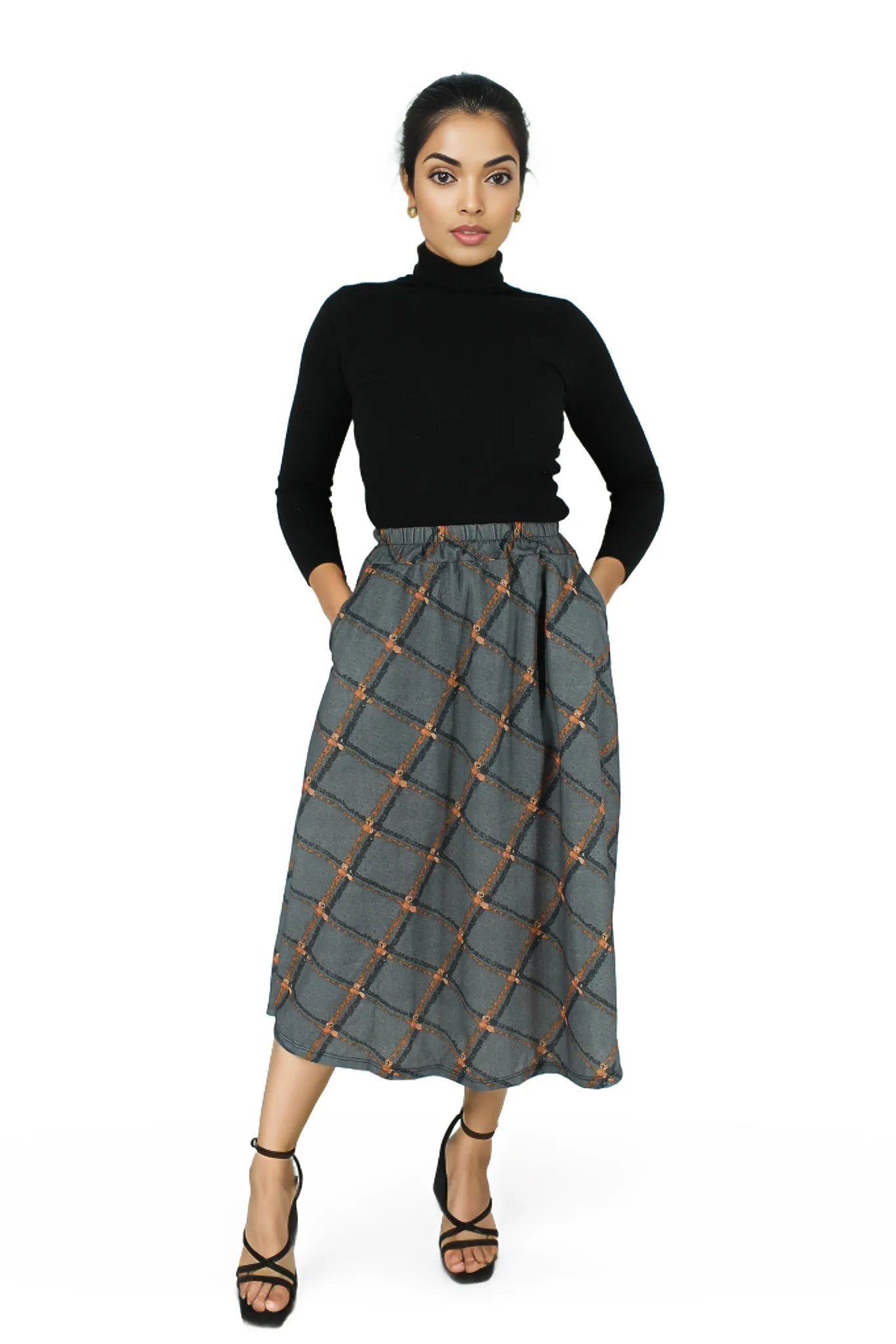 A-Line Printed Midi Skirt With Pockets XD21