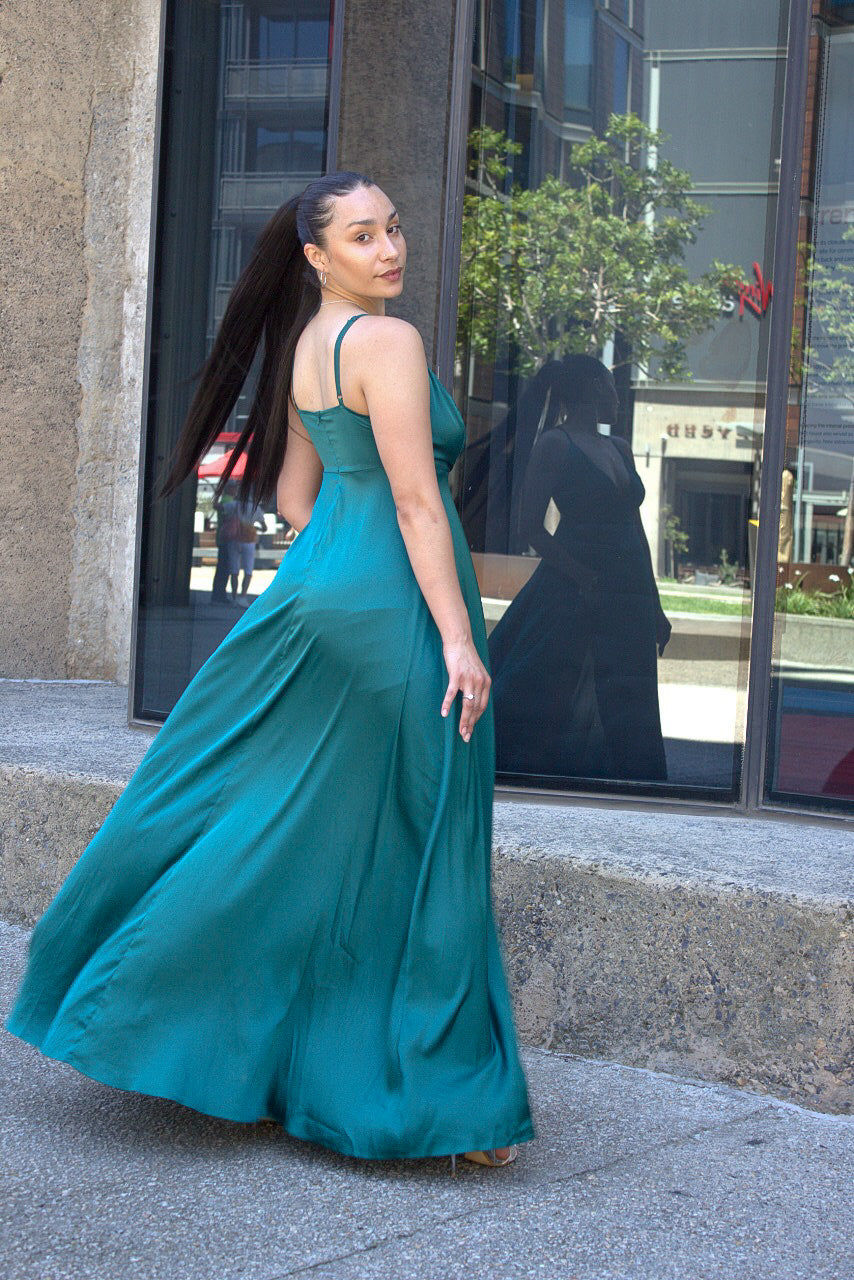 Solid Split Thigh Shoulder Cami Bridesmaid Dress