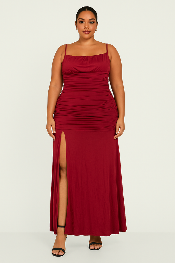 Elegant Square Neck Ruched Evening Maxi Dress