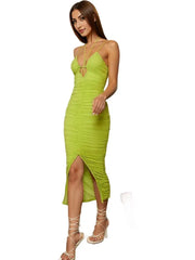 Green Plunged Neck Ruched Midi Bodycon Dress