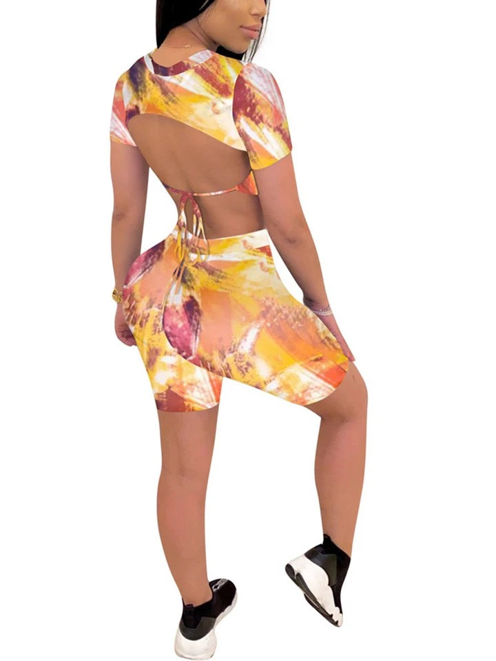 Tie-dye Lace up Backless  Top Tight Shorts Set