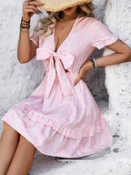 Vacation Frill Striped Printed Short Dress
