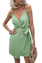 Green Chain Strap Wrap Short Summer Dress