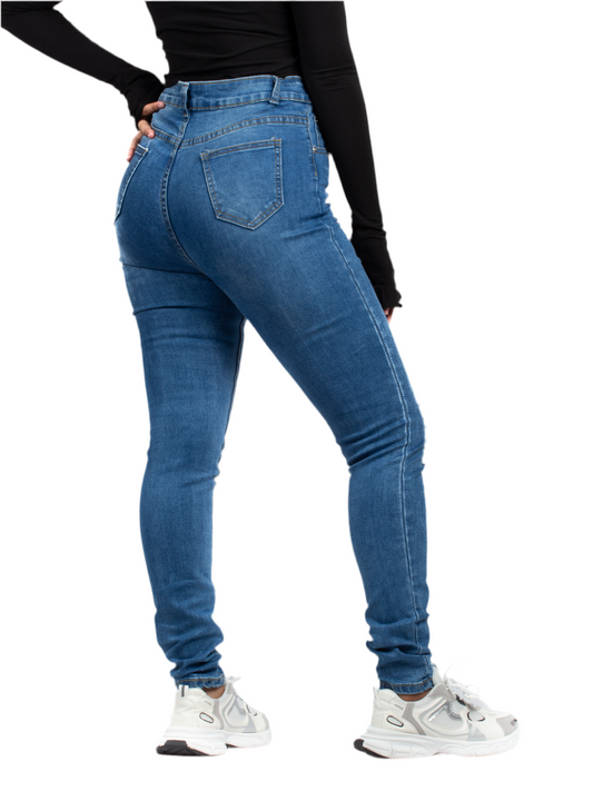 Trendy High-Waisted Distressed Skinny Blue Jeans - XD130