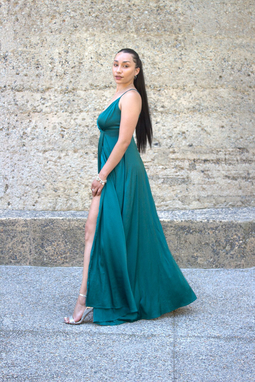 Solid Split Thigh Shoulder Cami Bridesmaid Dress