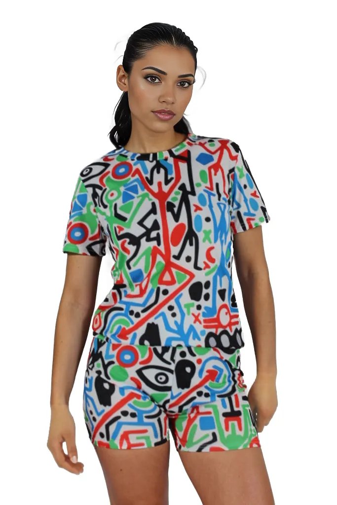 Abstract Graphic Shorts and T-shirt Two Piece Set XD21