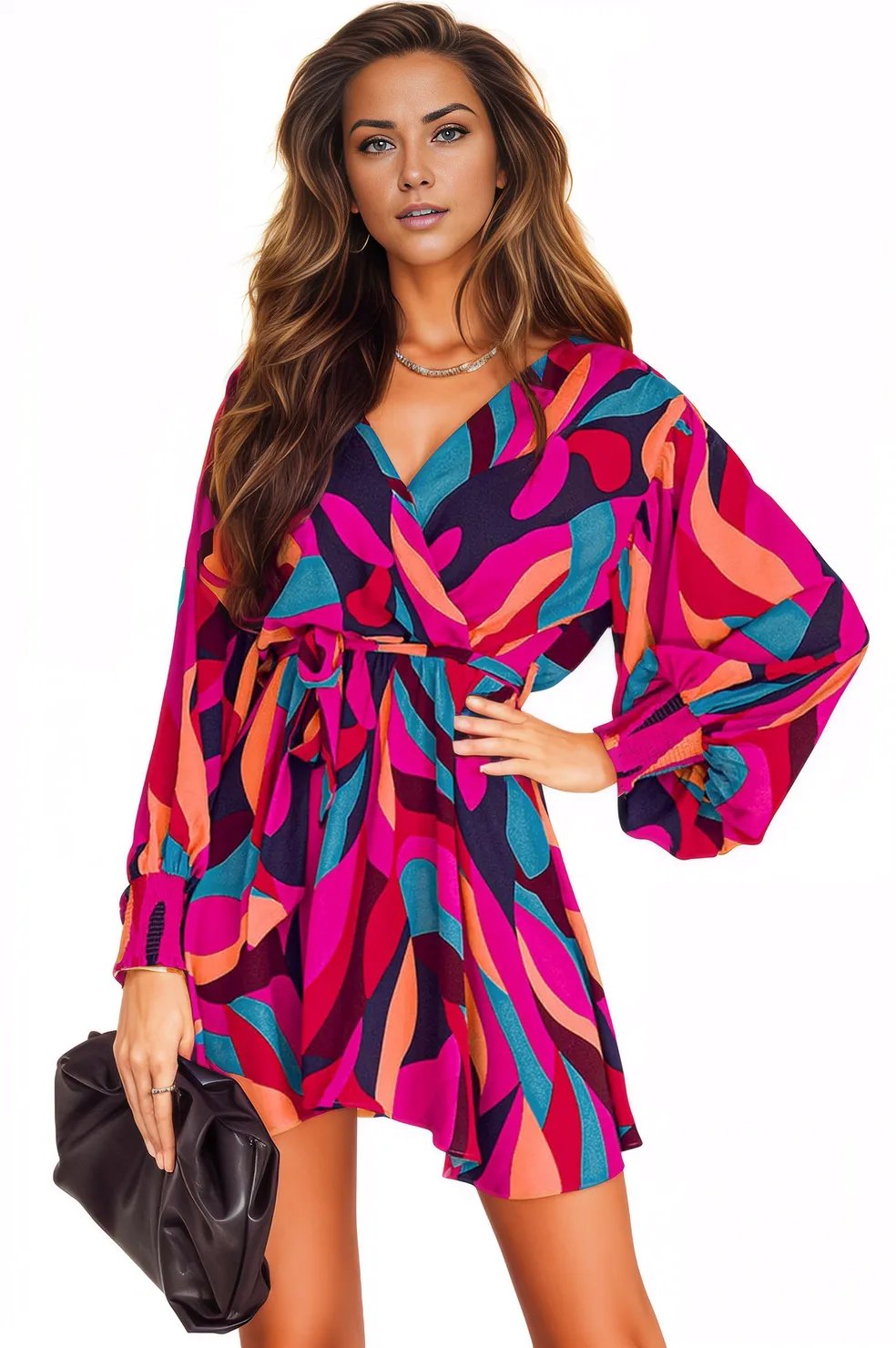 Abstract Printed Belted Puff Sleeve Mini Dress XD21