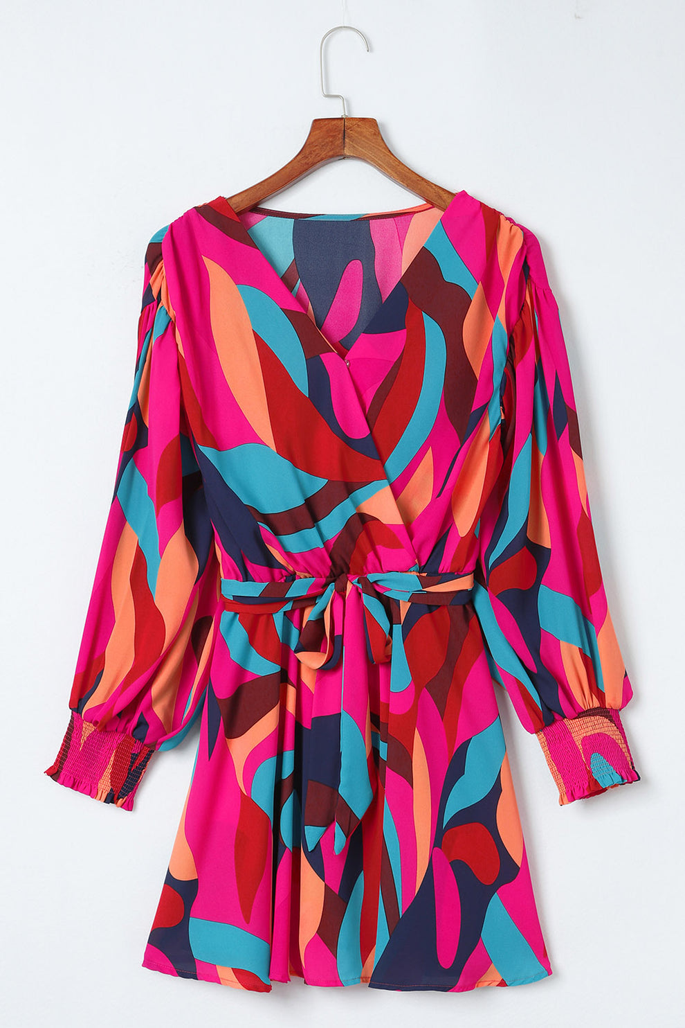 Abstract Printed Belted Puff Sleeve Mini Dress XD21