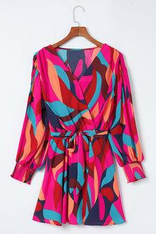Abstract Printed Belted Puff Sleeve Mini Dress