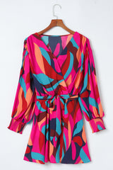 Abstract Printed Belted Puff Sleeve Mini Dress XD21