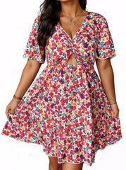 All Over Floral Print Twist Cut Out Front Mini Dress XD21