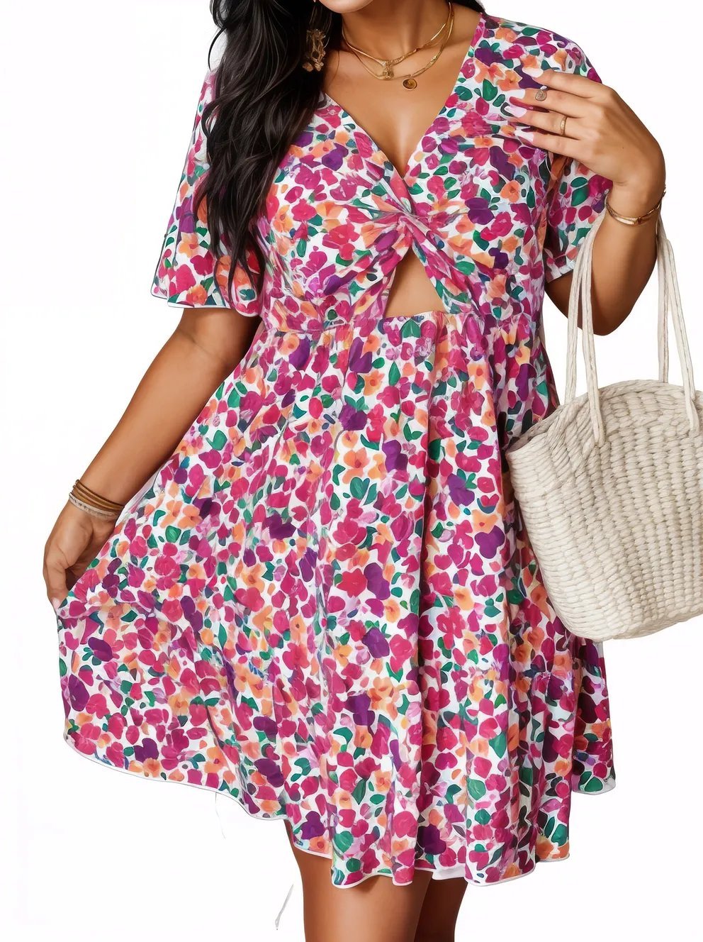 All Over Floral Print Twist Cut Out Front Mini Dress